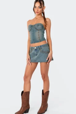 Studded Washed Denim Lace Up Corset