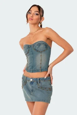Studded Washed Denim Lace Up Corset