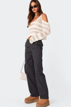 Textured Knit Open Shoulder Sweater