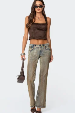 Tie Back Faux Suede Bustier Top