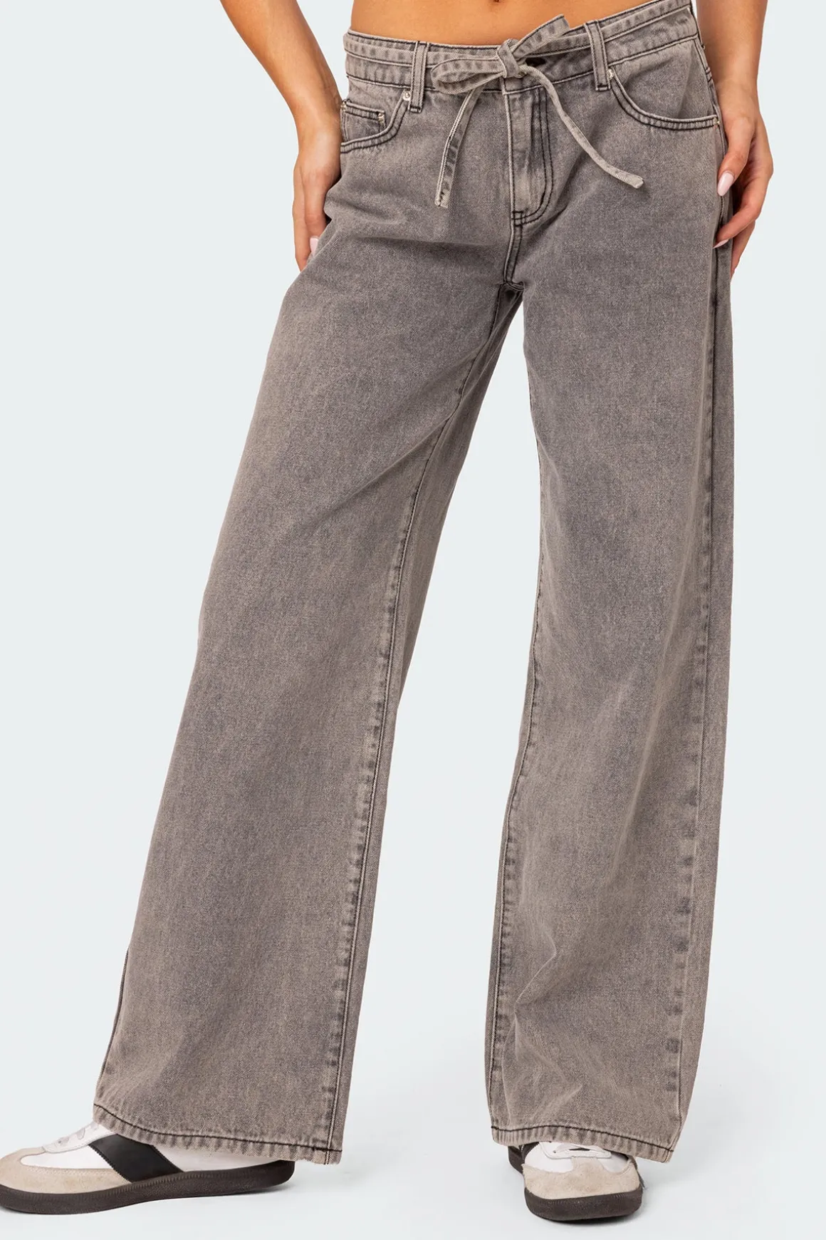 Tie Waist Washed Low Rise Jeans