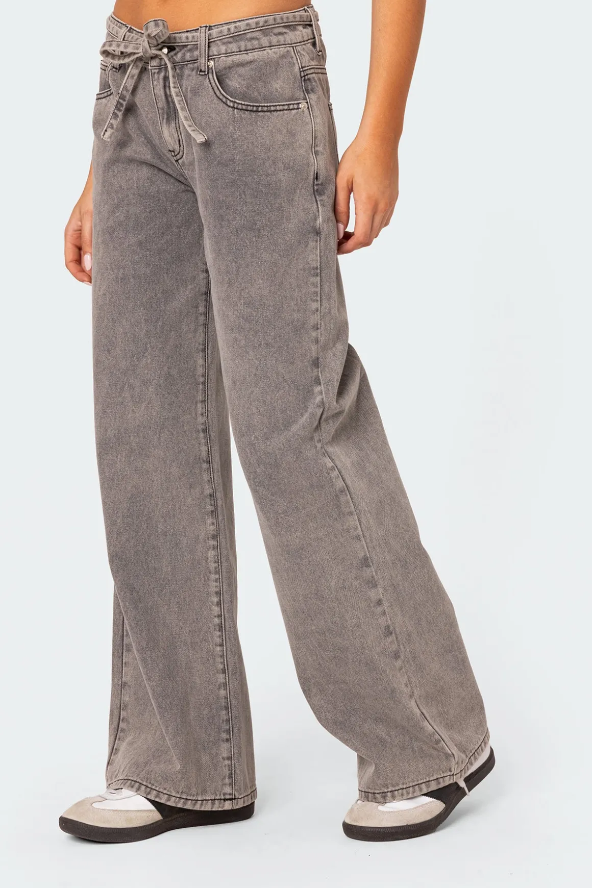 Tie Waist Washed Low Rise Jeans