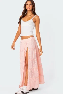Tiered Eyelet Slitted Maxi Skirt