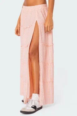 Tiered Eyelet Slitted Maxi Skirt
