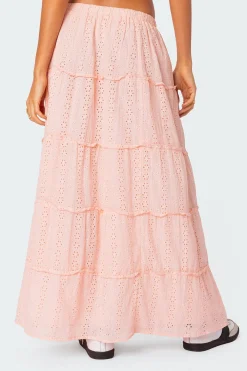 Tiered Eyelet Slitted Maxi Skirt