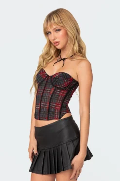 Tory Plaid Print Mesh Corset