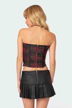 Tory Plaid Print Mesh Corset