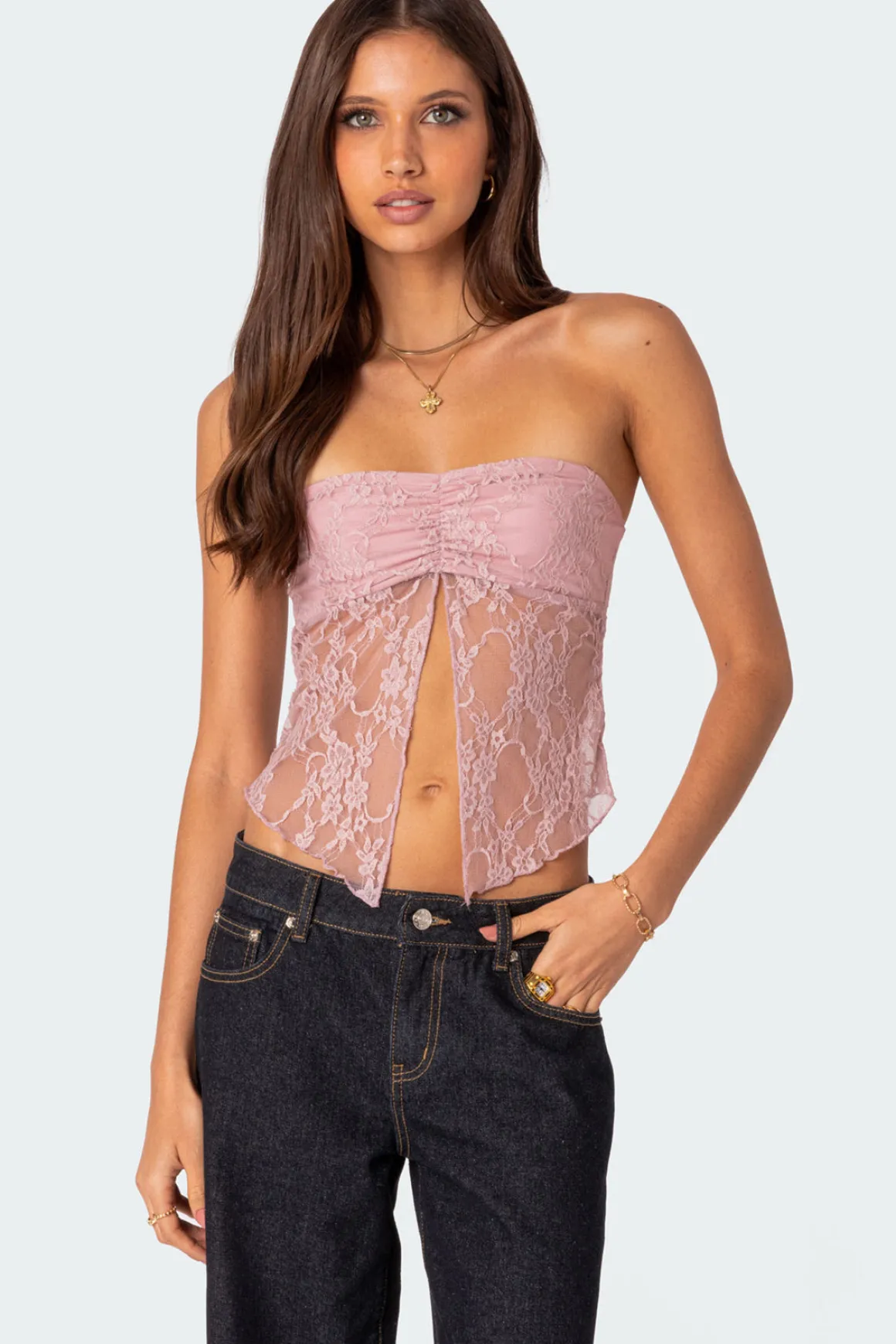 Twilight Sheer Lace Split Front Top