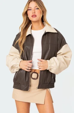 Two Tone Faux Leather Bomber Jacket