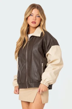 Two Tone Faux Leather Bomber Jacket