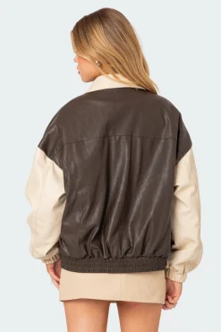Two Tone Faux Leather Bomber Jacket