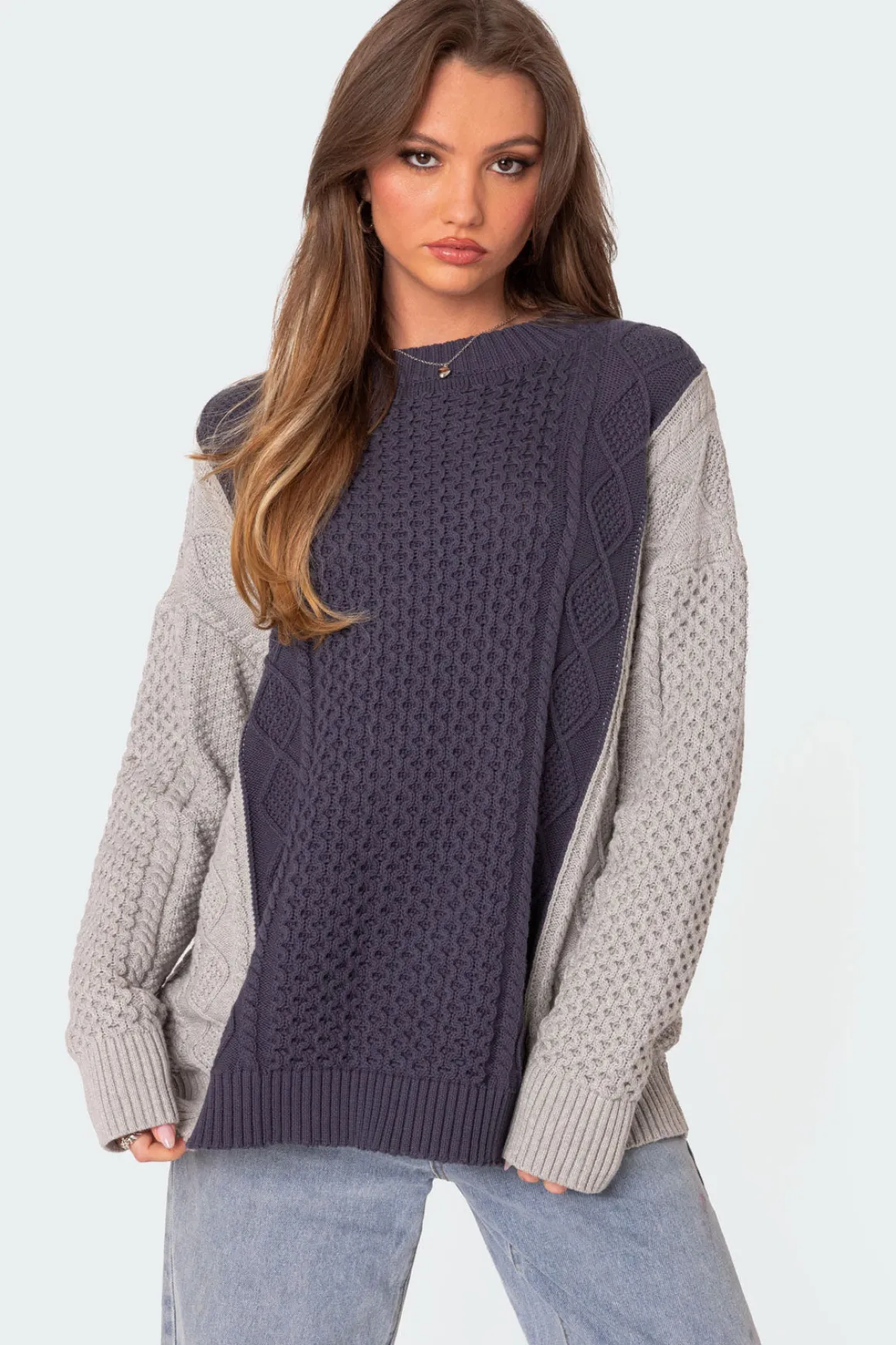 Two Tone Oversized Cable Knit Sweater