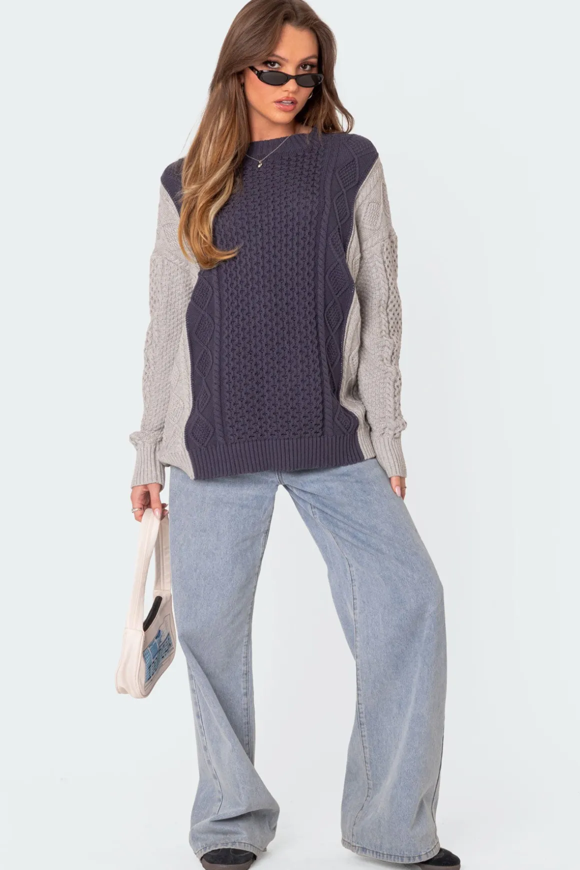 Two Tone Oversized Cable Knit Sweater