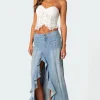 Valencia Ruffle Slitted Denim Maxi Skirt