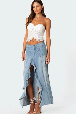 Valencia Ruffle Slitted Denim Maxi Skirt