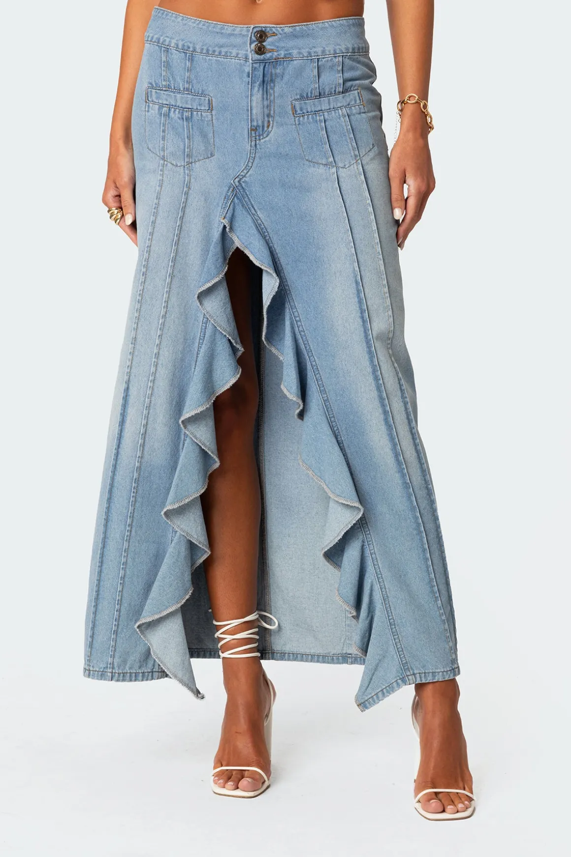 Valencia Ruffle Slitted Denim Maxi Skirt