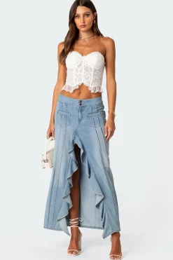 Valencia Ruffle Slitted Denim Maxi Skirt