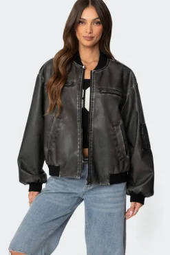 Vava Washed Faux Leather Bomber Jacket