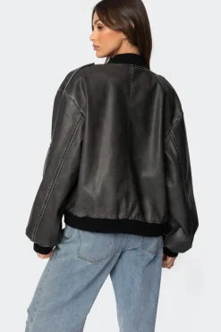 Vava Washed Faux Leather Bomber Jacket