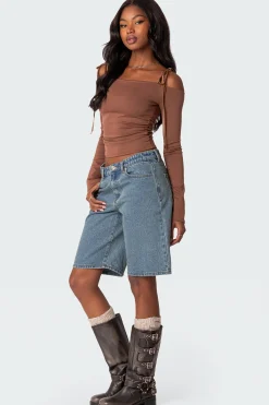 Velvet Tie Off Shoulder Top