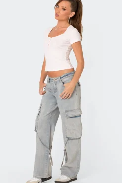 Via Low Rise Washed Denim Cargo Pants