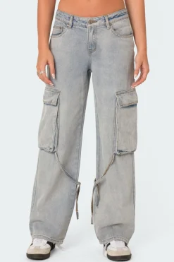 Via Low Rise Washed Denim Cargo Pants