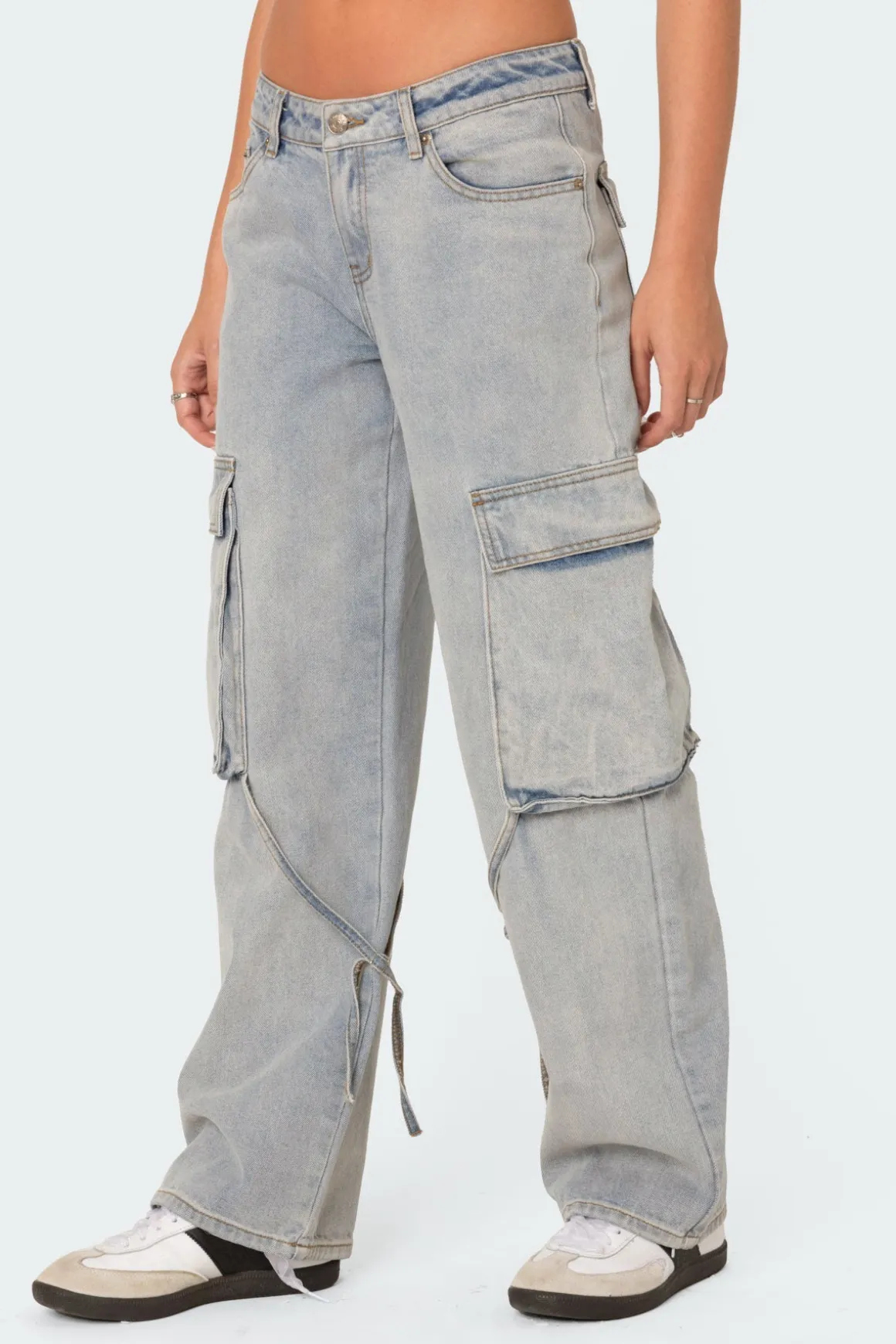 Via Low Rise Washed Denim Cargo Pants