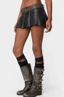 Vintage Washed Faux Leather Pleated Skort