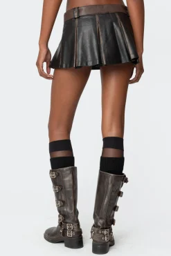 Vintage Washed Faux Leather Pleated Skort