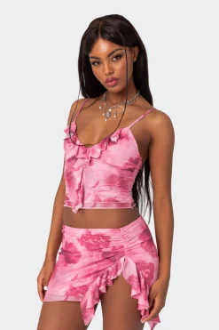 Wanda Printed Mesh Ruffled Tank Top