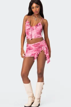 Wanda Printed Mesh Ruffled Tank Top