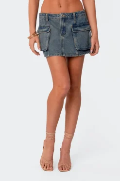 Washed Denim Cargo Mini Skirt