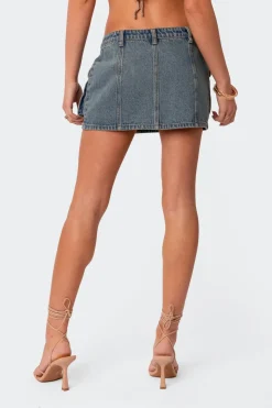 Washed Denim Cargo Mini Skirt