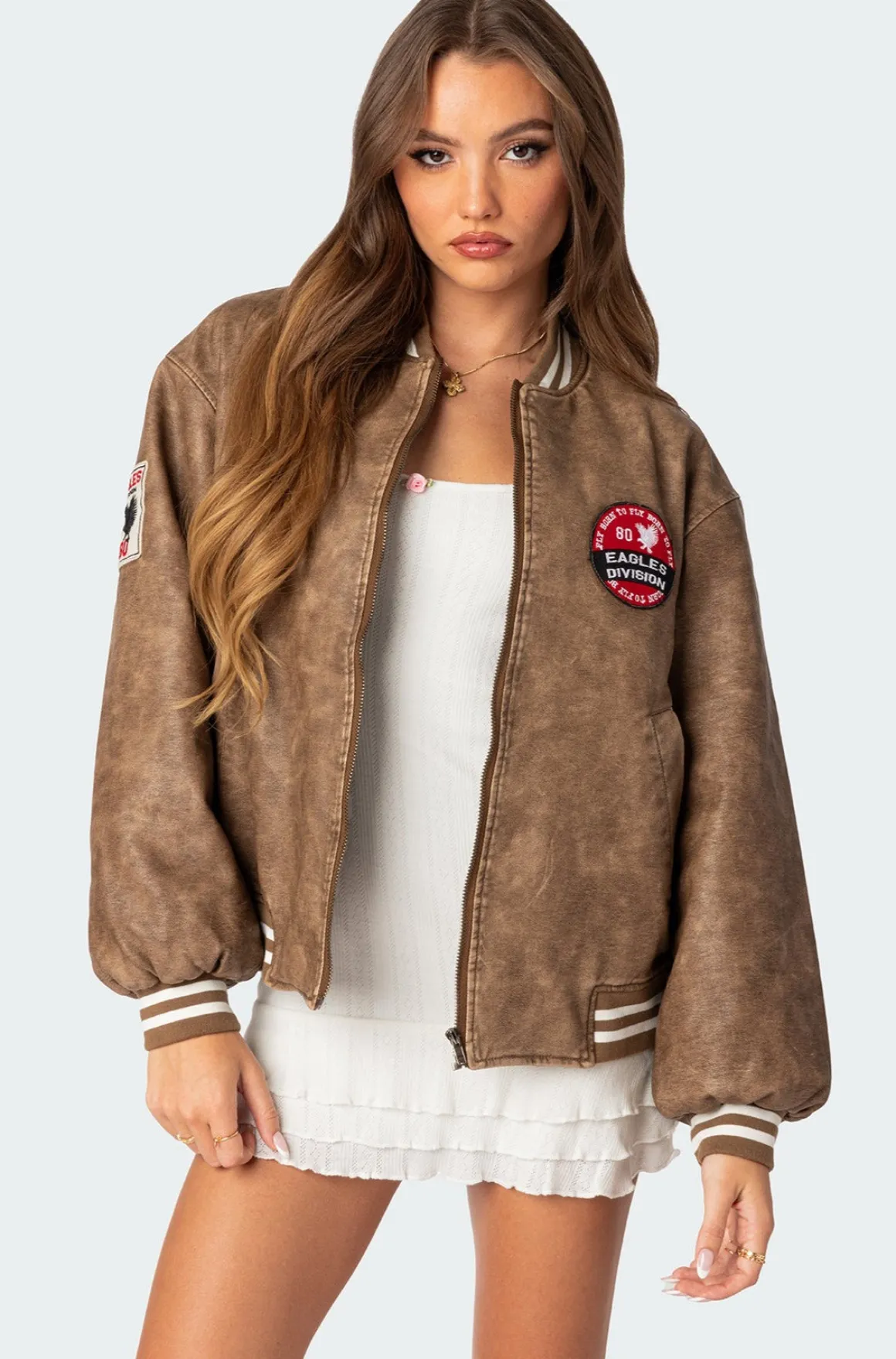 Washed Faux Leather Bomber Jacket