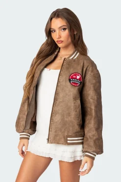 Washed Faux Leather Bomber Jacket