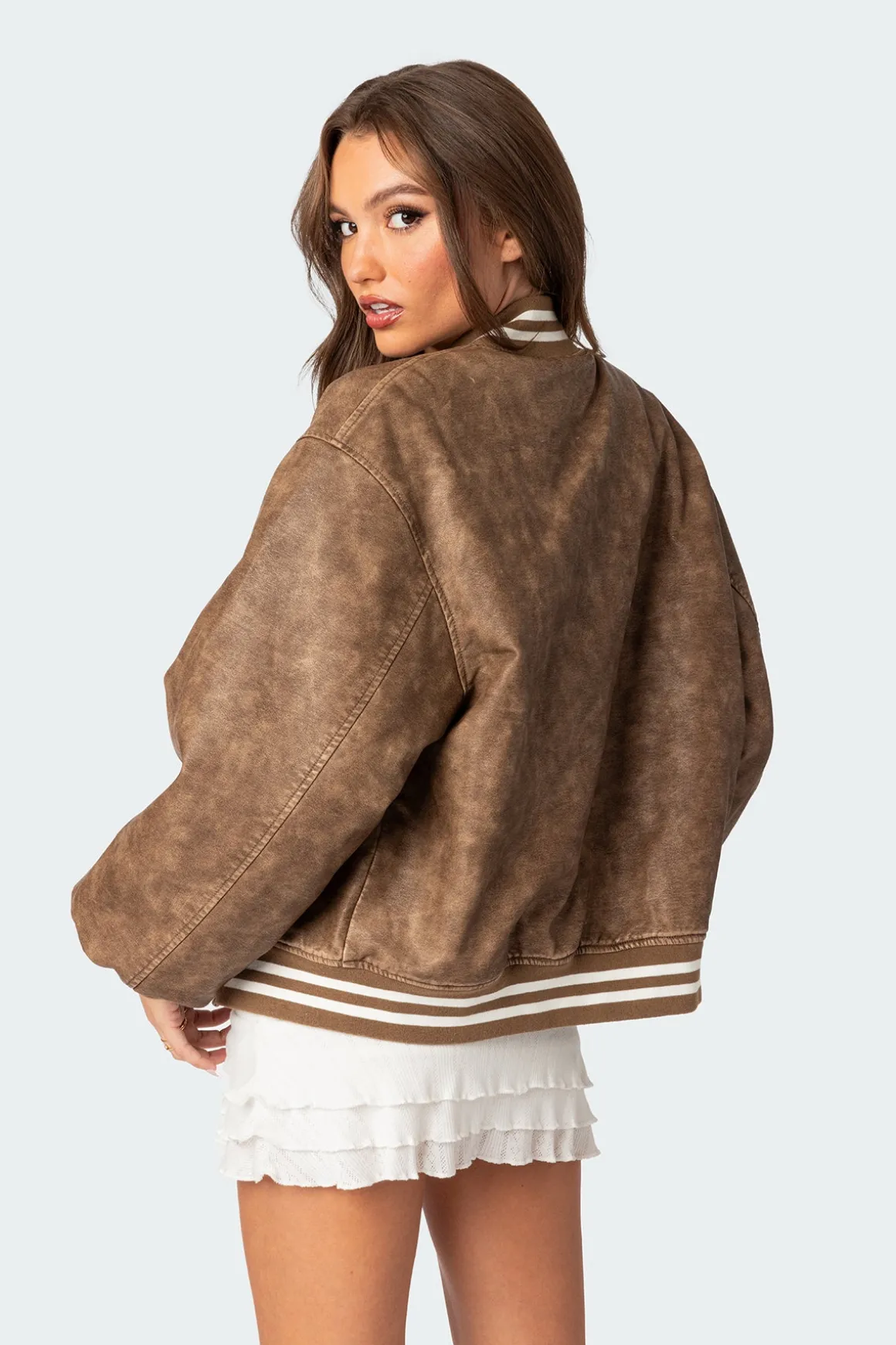 Washed Faux Leather Bomber Jacket