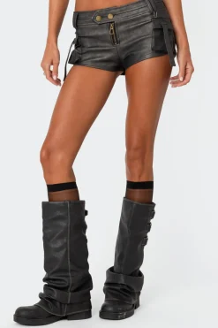 Washed Faux Leather Micro Cargo Shorts