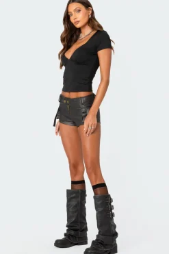 Washed Faux Leather Micro Cargo Shorts