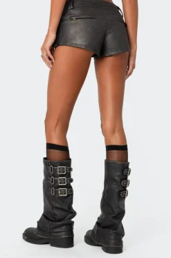 Washed Faux Leather Micro Cargo Shorts