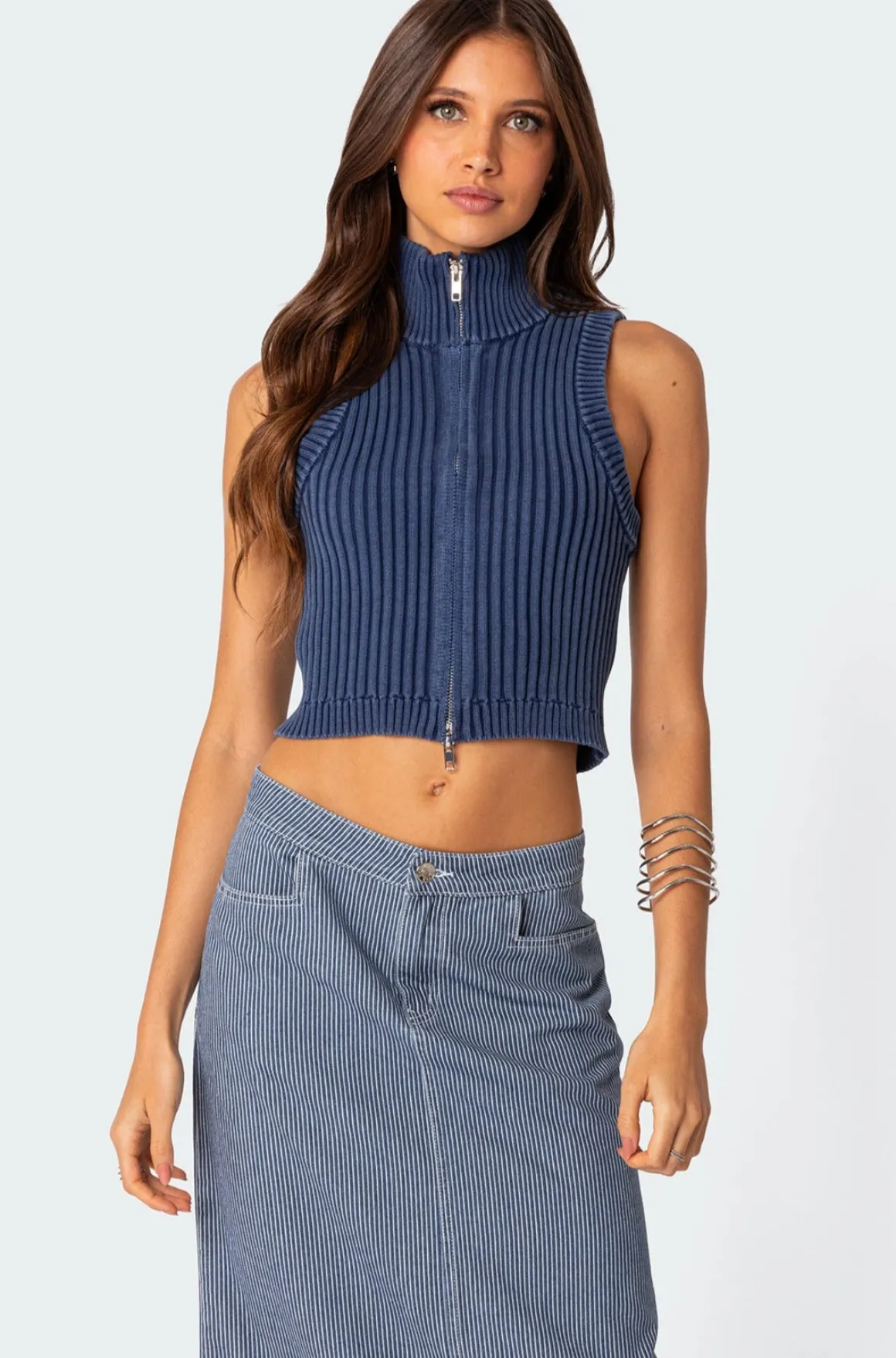 Washed Zip Up Knit Tank Top