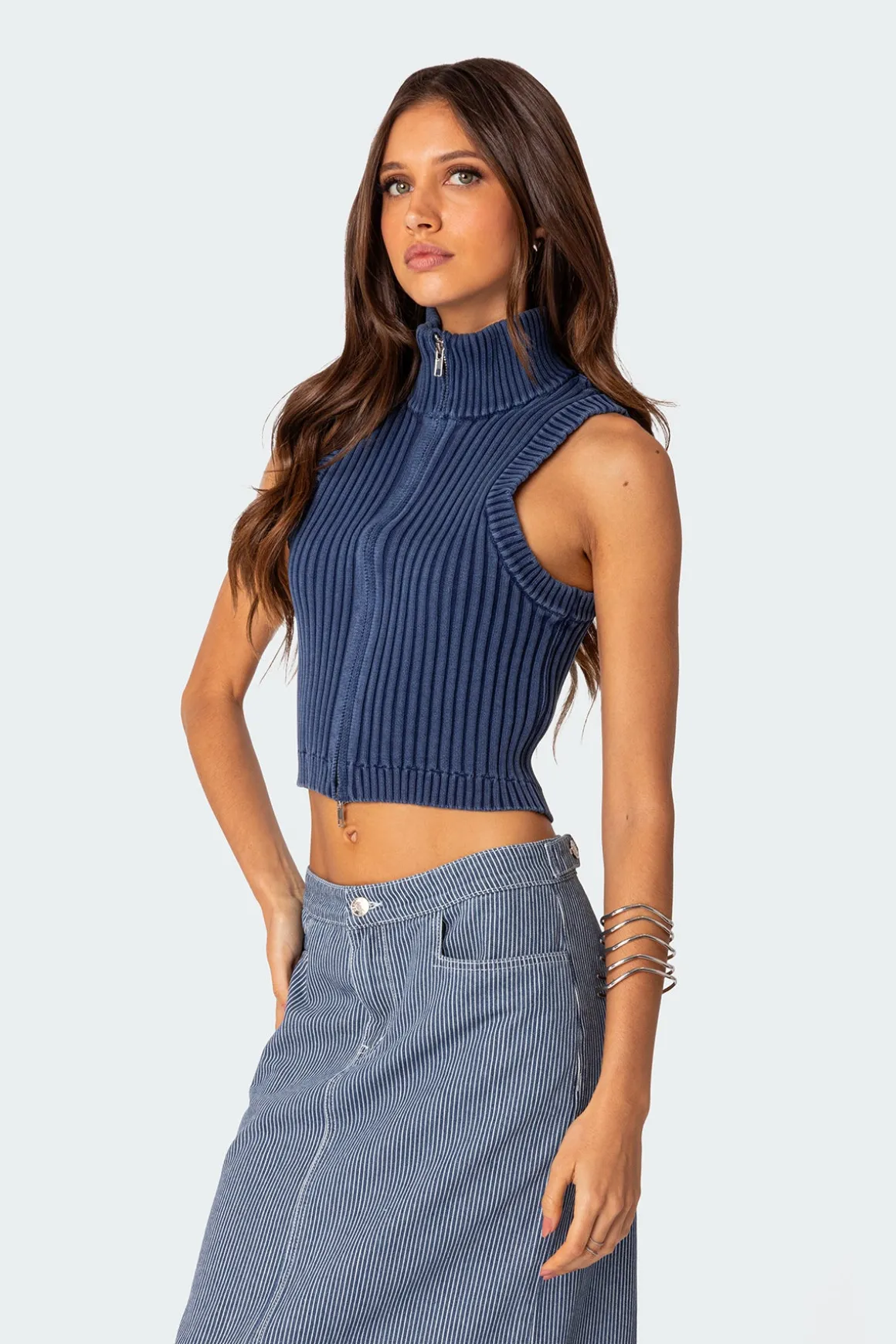 Washed Zip Up Knit Tank Top