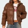 Wintry Faux Leather Hooded Puffer