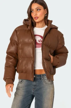 Wintry Faux Leather Hooded Puffer