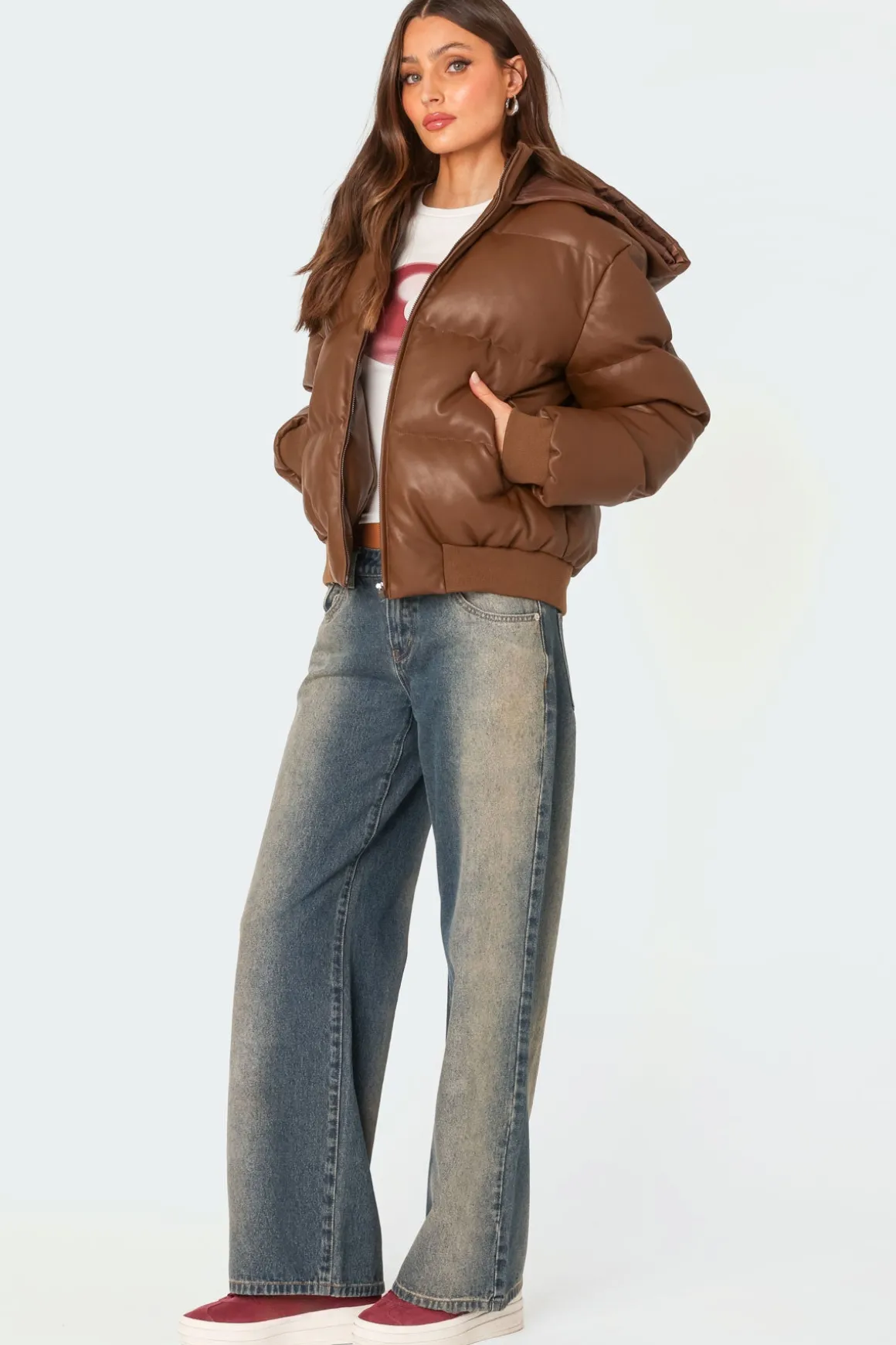 Wintry Faux Leather Hooded Puffer