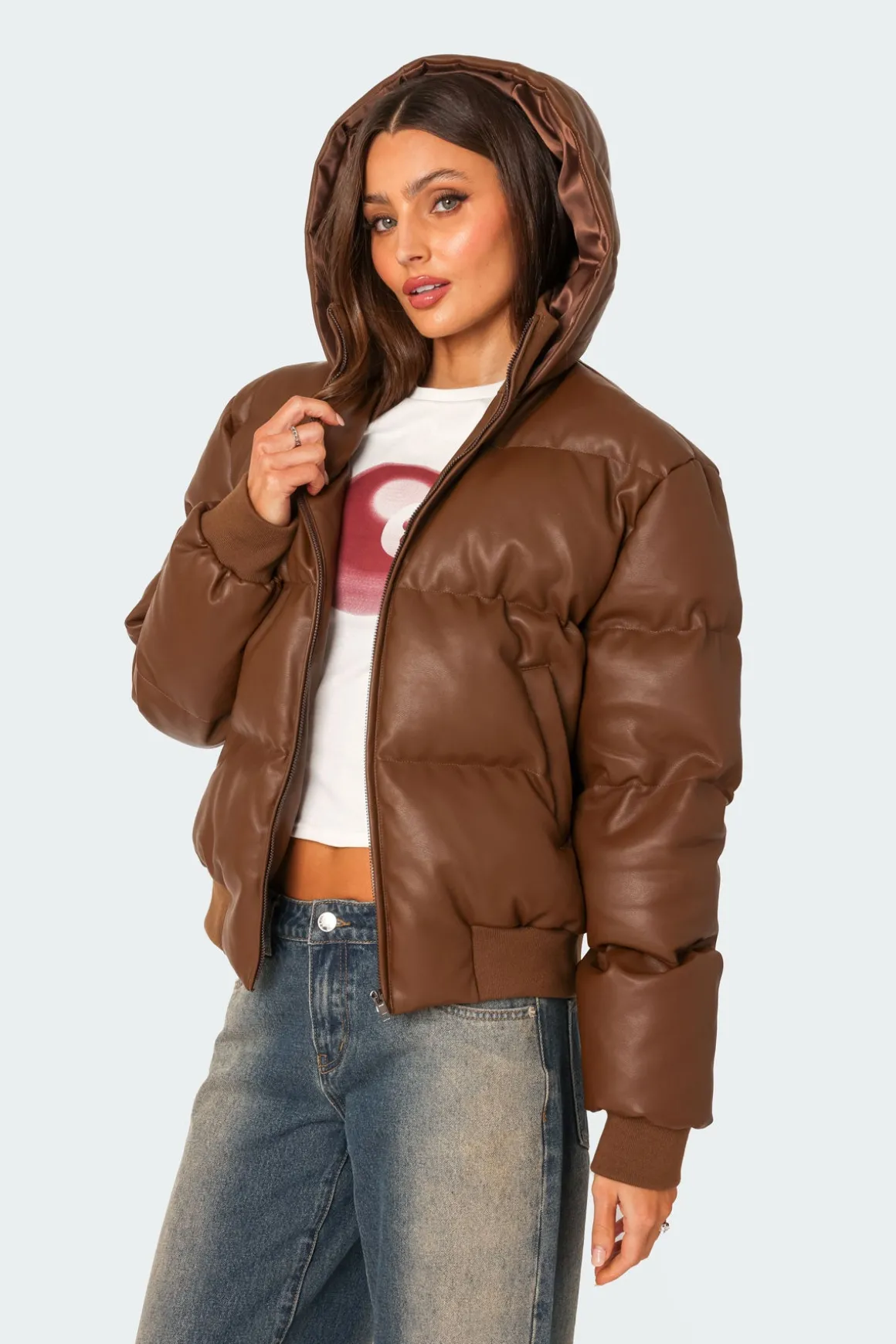 Wintry Faux Leather Hooded Puffer