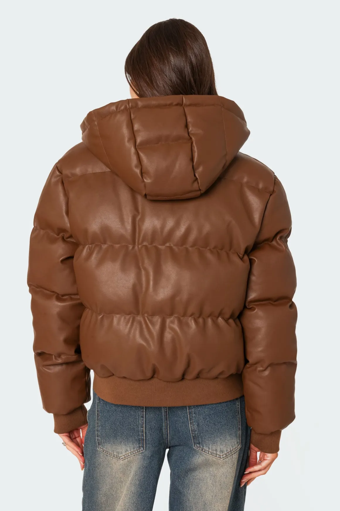 Wintry Faux Leather Hooded Puffer